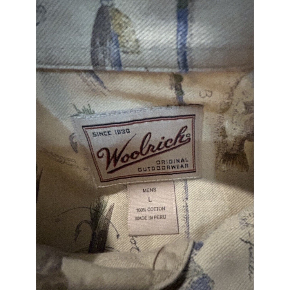Woolrich Shirt Mens LGE Beige Fishing Print Short Sleeve Button Down Outdoor - Picture 2 of 8